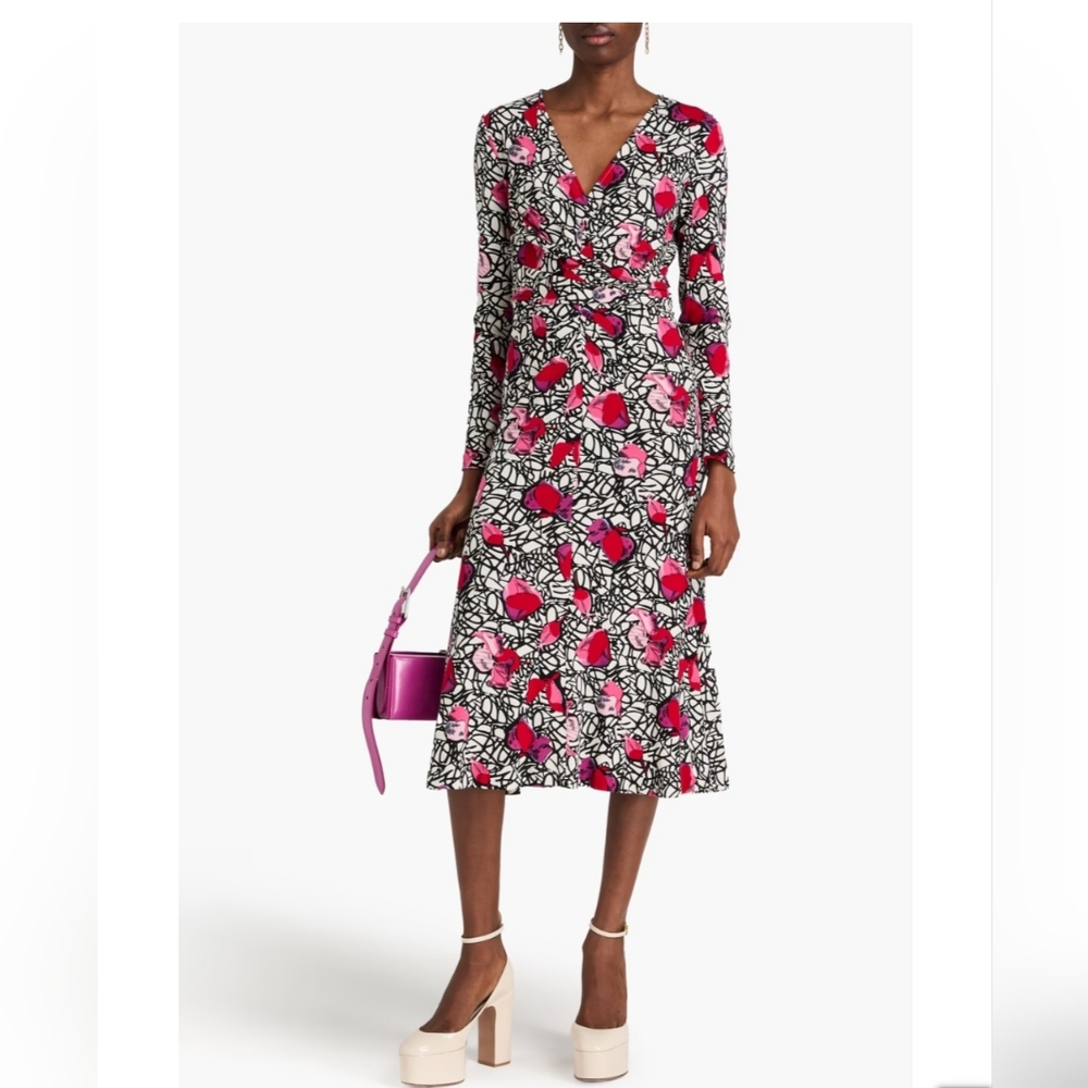 Diane Von Furstenberg Marsha Printed Lyocell Wool Midi Dress Black White Pink M